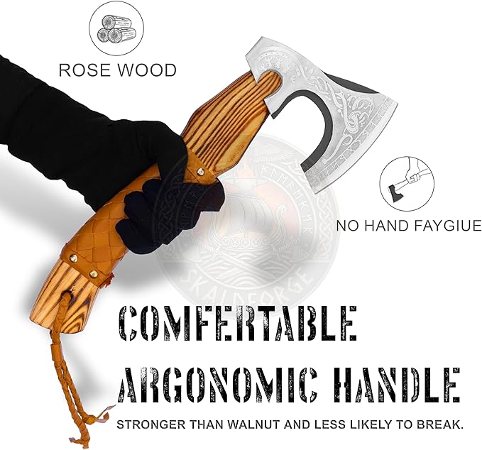 Hand Forged Viking Axe with Leather Sheath – Carbon Steel Blade Rosewood Handle – 13 Inch Nordic Axe Handmade Collectible - Best Birthday and Wedding for Him and Her