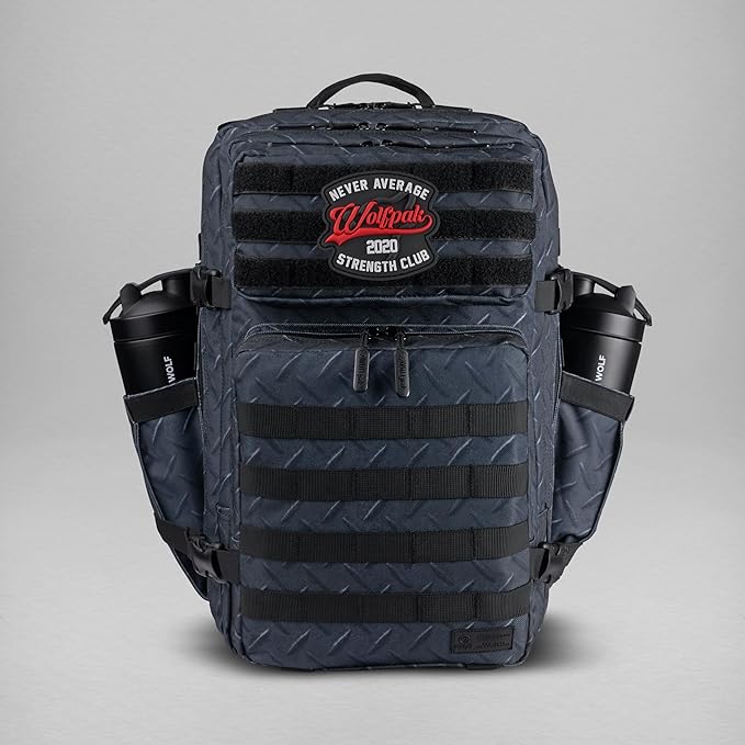 WOLFpak 45L Athletic Gym Backpack - Durable 1000D Waterproof Oxford Material with MOLLE Webbing Laptop Pocket &amp Dual Cup Holders Durable Fitness/Travel/Military Daypack (Strength Club)