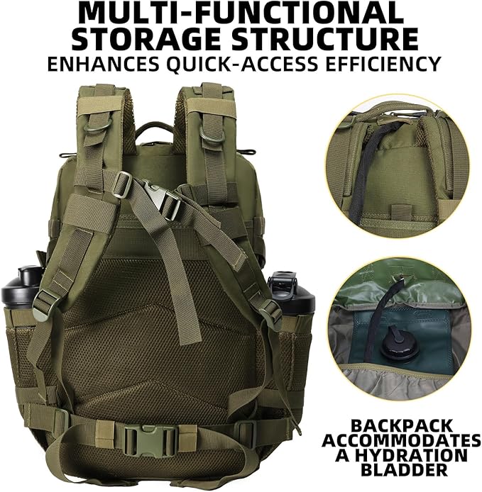J.SH Large Military Tactical Backpack for Men EDC MOLLE Backpack 900D Oxford Nylon 3-Day Assault Rucking Pack Heavy-Duty Tactical Gear for Outdoor HikingRugged Survival&ampBug Out Bag-45L Army G
