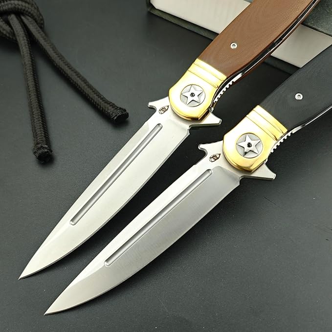10 Large Finka-NKVD Flipper Opening Pocket KnifeFolding Knives with Clip and Liner Lock440C Blade and Brown G10 HandleEDC Tool for CampingHikingFishing (Black)