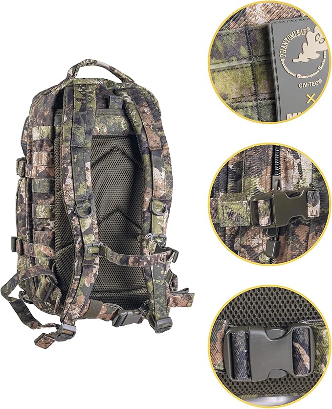 Mil-Tec Unisex Assault Pack - Rugged Durable Lightweight Ergonomic Versatile Tactical Outdoor Camping Hiking Backpack with Adjustable Padded Shoulder Straps &amp MOLLE Loops Phantomleaf WASP I Z3A