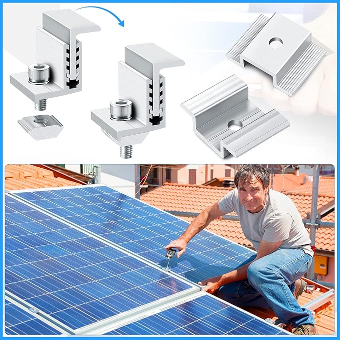 1.06 Inch Solar Panel Bracket Aluminum Solar Mid Clam with Mounting Brackets 32-50 mm Clamps Adjustable End Panel Clamps(28 Pieces)