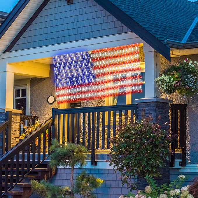 DBFAIRY Solar American Flag Lights Outdoor420 LEDs American Flag Net Lights 6.5ft x 3.28ft Super BrightMemorial Day Decorations of The United States for Independence/National/Memorial DayJuly 4th