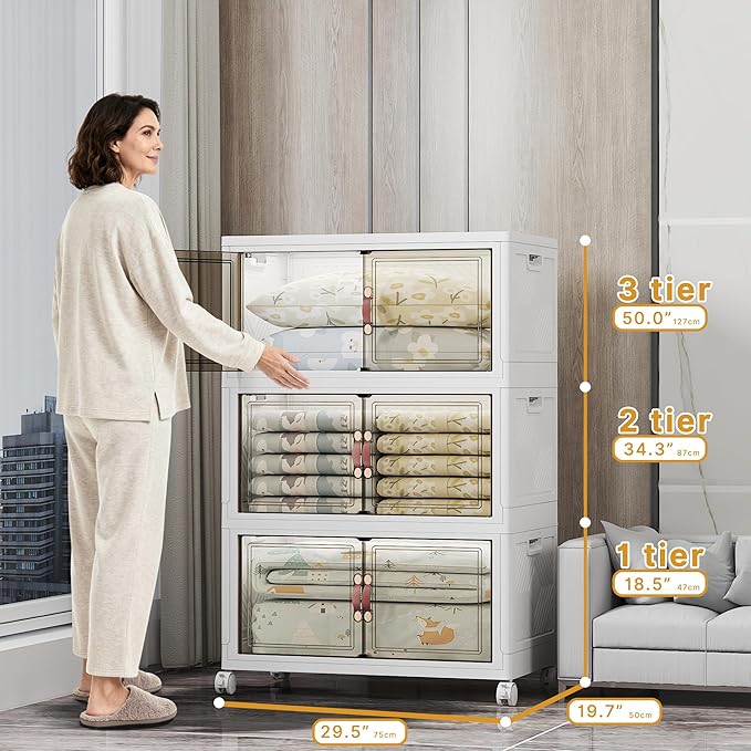 UAMFURI Stackable Storage Bins with Lids 525QT Closet Organizers and Storage with Doors and Wheels Extra Large Storage Cabinet Collapsible Plastic Drawers for Bedroom Dorm Office Garage