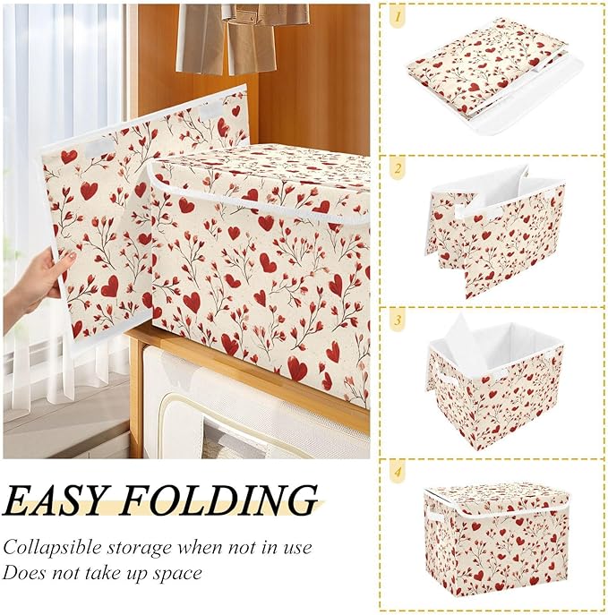 Valentine Hearts Flowers Beige Storage Box with Lid 1 PC Foldable Storage Bin with Lids Stackable Storage Bins Cube Closet Organizer Basket with Flip-Top Lid &amp Handles for Shoes Books Towels