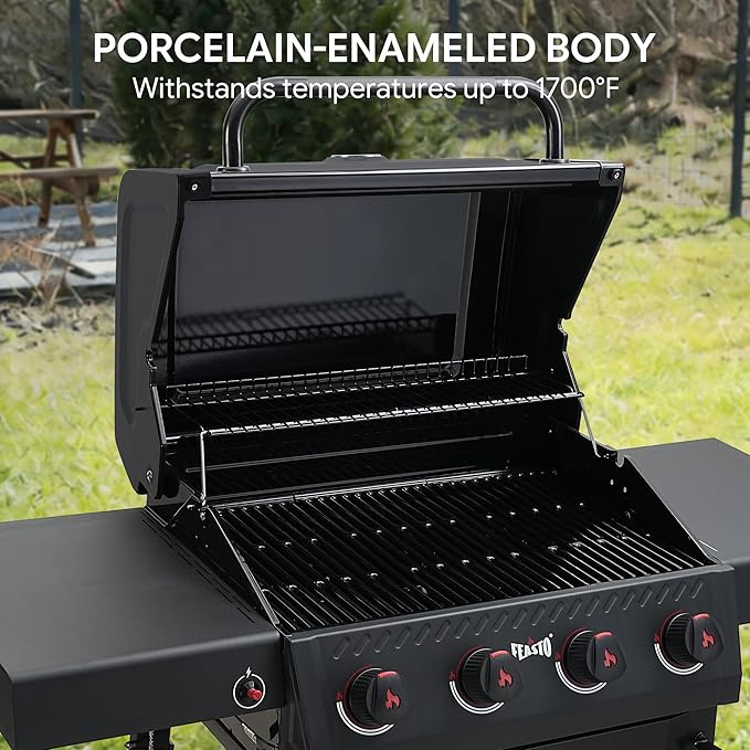 Feasto 4-Burner Propane Gas Grill 36000 BTU Outdoor Patio BBQ with Dual Side Tables Porcelain-Enameled Cookbox &amp Porcelain-Enameled Cast-Iron Grates for Deck Parties &amp Patio BBQ 559 Sq. In