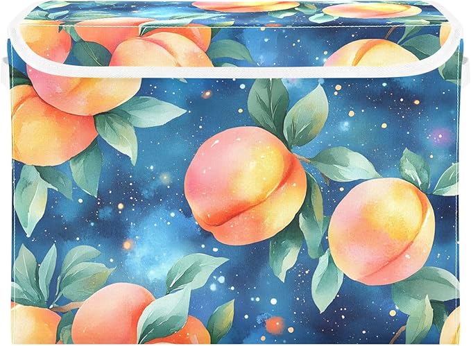 AIXIWAWA Lidded Storage Cube (Watercolor Peaches) Fabric Foldable Closet Bins with Flip Lid and Handles Organizer Basket Container 16.5 x 12.6 x 11.8 IN