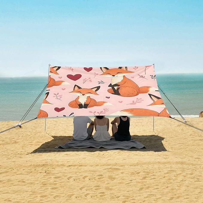 ALAZA Pink Fox Love Pattern Beach Tent Sun Shelter Portable Canopy Sunshade for Outdoor Camping Picnics Backyard Fun 10x9 ft