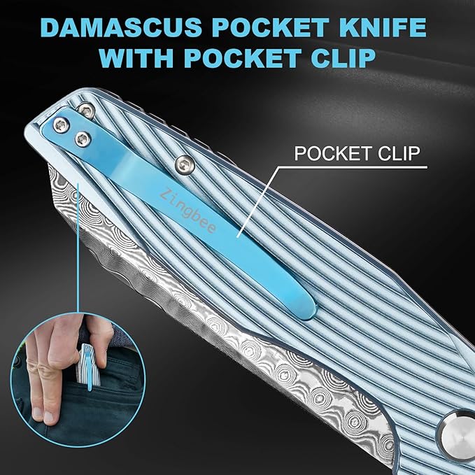 Zingbee Damascus Pocket Knife 3.46 Damascus Steel Blade EDC Pocket Knives &amp Folding Knives for Men Women Blue Non-Slip Handle