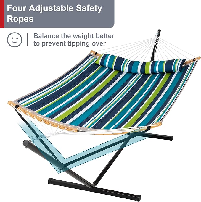 Hammock with Stand for Outside Double Hammock with Stand Pillow and Portable Bag 450 Lbs Capacity Green Blue Stripes