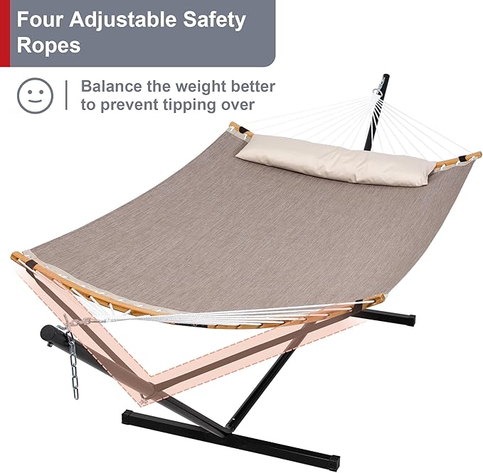 Quick Dry Hammock with Stand Included Heavy Duty Hammock with 12FT Hammock Stand for Outside Poolside 450 Lbs Capacity Brown