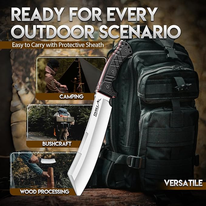 TIVOLI Heavy Duty Fixed Blade Chopper Knife Full Tang Outdoor Knife with 440C Steel Thick Spine Sheath Included for Camping Bushcraft Wood Processing
