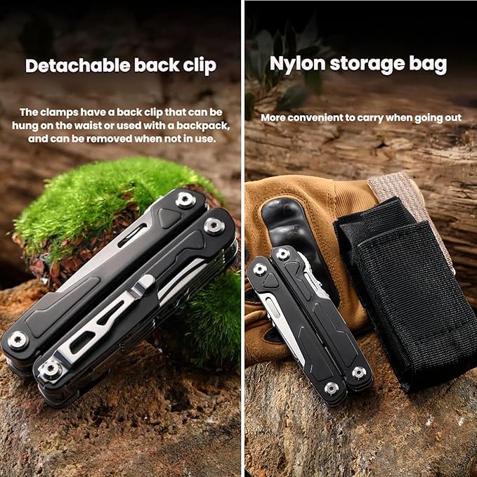 Multi Tool 19-in-1 Full-Size Lightweight EDC Multi-Purpose Pliers Camping Knives &amp Tools Nylon Bag Tactical Gear Mens Gifts Ideas Gifts for Hunters Men who have Everything (Silver）