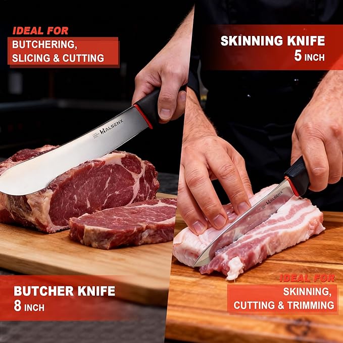 6PCS Professional Butcher Knife Set with Softgrip 8 Butcher 6 Semi-Flex/Stiff Boning 5 Skinning 8 Sharpener Rod &amp Knife Roll Bag for Home Kitchen Camping Hunting