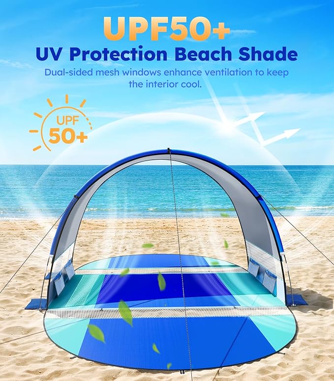 Rhino Valley Beach Tent with Double Zippered Doors Beach Tent Sun Shelter with UPF50+ UV Protection Beach Canopy Portable Storage Bag for Beach Camping Fishing for 3-4 People
