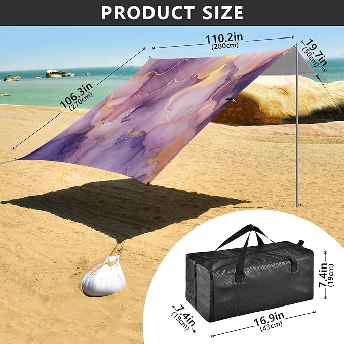 ALAZA Purple &amp Gold Marble Beach Tent Sun Shelter UPF50+ Protection Beach Shade Canopy w/ 4 Sandbags for Outdoor Camping Fishing Backyard Fun Picnic 10x9 ft