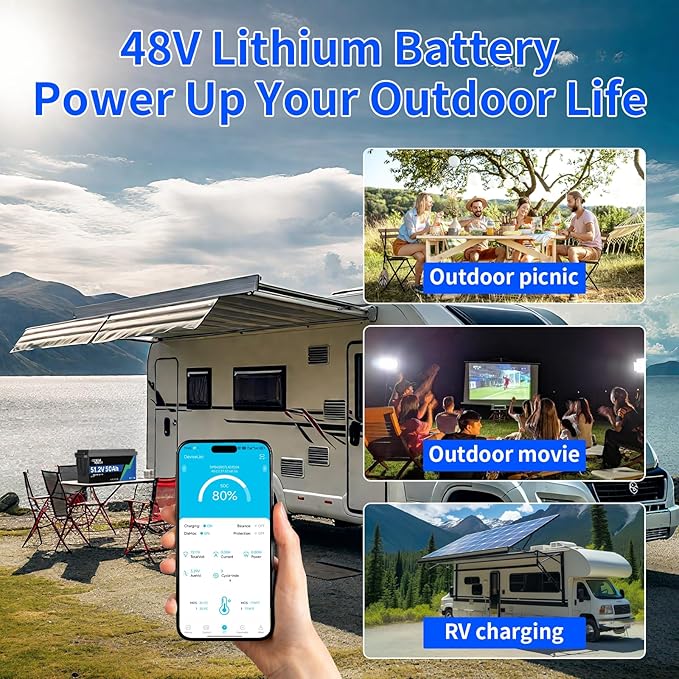 48V 50 Ah LiFePO4 Lithium Battery with Bluetooth &amp Built-In 50 A BMS A-Grade Cells 10 Years Lifespan Perfect for Solar Motorhomes Trolling Motors