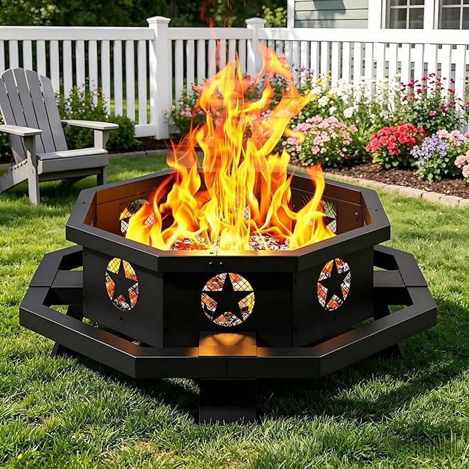 43 inch Large Fire Pit Outdoor Fire Pit with Heavy Duty Construction Wood Burning Fire Pits for Outside Octagonal Firepit for Camping Backyard Patio Black
