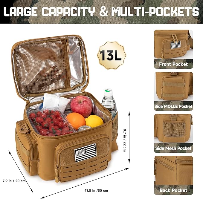 QT&ampQY Tactical Lunch Bag for mens Military heavy duty lunch box work Leakproof insulated Durable Thermal Cooler Bag for Adult Meal for Office Camping Picnic Pail MOLLE Webbing Khaki