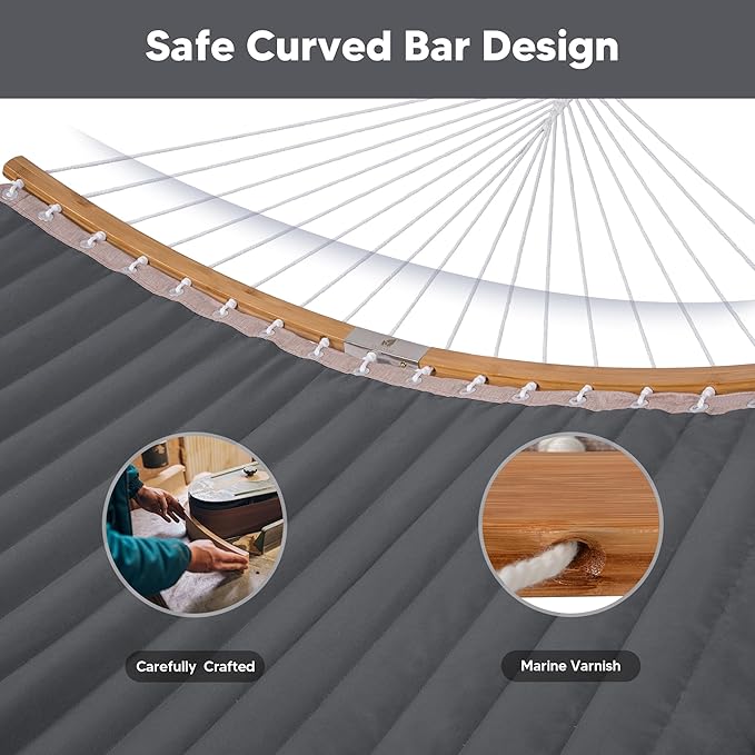 SUNCREAT Double Portable Hammock with Stand 2 Person Hammock with Curved Spreader Bar Balance Ropes Included Dark Gray