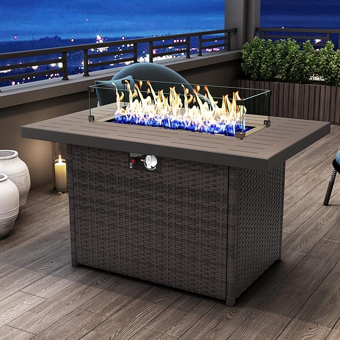 44 Inch Propane Gas Fire Pits Table for Outside Patio 60000 BTU Rectangular Outdoor Wicker Rattan Fire Pit with Glass Wind Guard