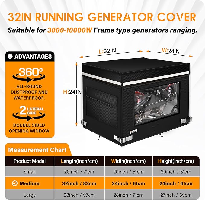Generator Covers While Running 32x24x24 inch Generator Cover 900D+210D Heavy Duty Waterproof PVC Transparent Visual Operation Window Top Can Be Opened for Refueling. Black