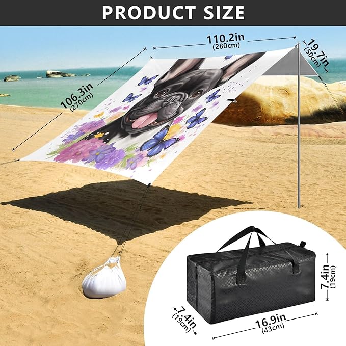 ALAZA Bulldog Puppy Butterfly Beach Tent Sun Shelter UPF50+ Protection Beach Shade Canopy w/ 4 Sandbags for Outdoor Camping Fishing Backyard Fun Picnic 10x9 ft
