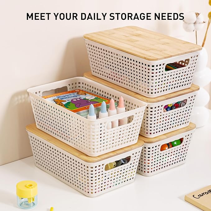 Storage Bins with Lids 8 Packs Plastic Storage Bins with Bamboo Lids for Pantry Organization and Storage Containers for Shelves Drawers Desktop Closet Playroom Classroom Office Home White