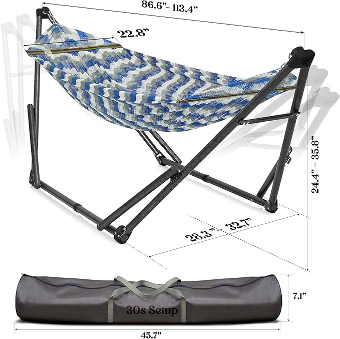 Tranquillo Uniki 550 lbs Capacity Double Hammock Stand Adjustable Collapsible Camping Hammock and Stand Signature Steel Stand Breathable Polyester Hammock Net Chevron