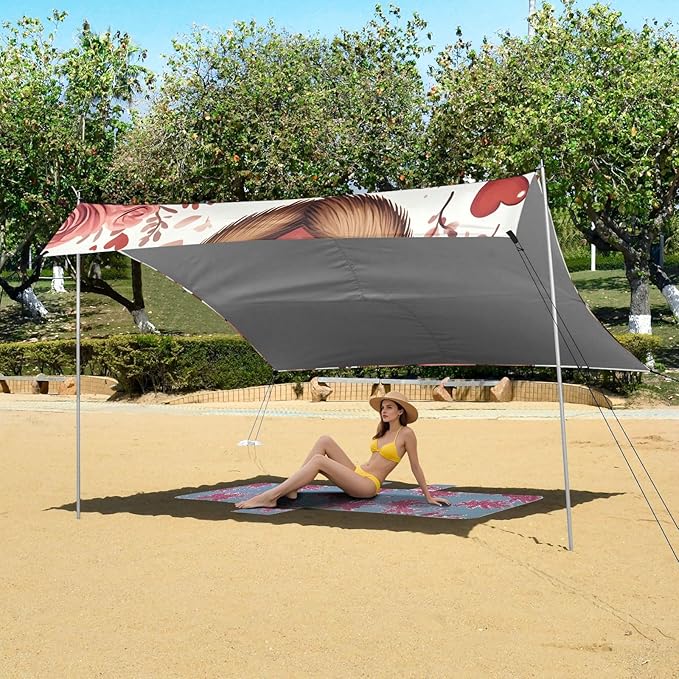 ALAZA Sloth Love Rose Pattern Beach Tent Sun Shelter Portable Canopy Sunshade for Outdoor Camping Picnics Backyard Fun 10x9 ft
