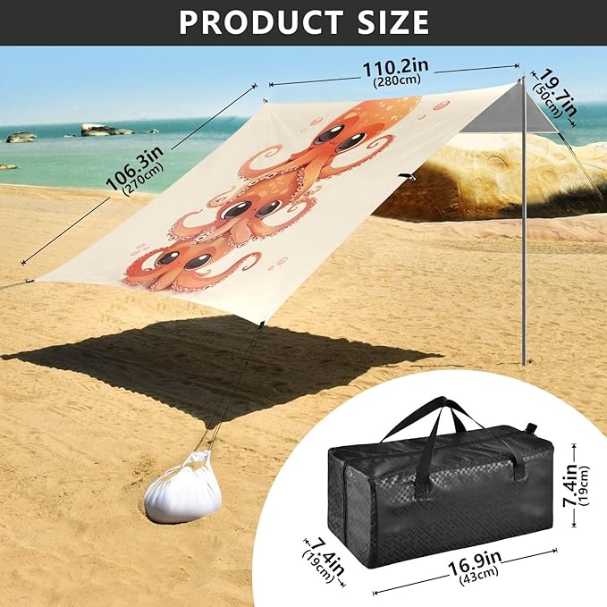 ALAZA Cute Octopuses Beach Tent Sun Shelter UPF50+ Protection Beach Shade Canopy w/ 4 Sandbags for Outdoor Camping Fishing Backyard Fun Picnic 10x9 ft