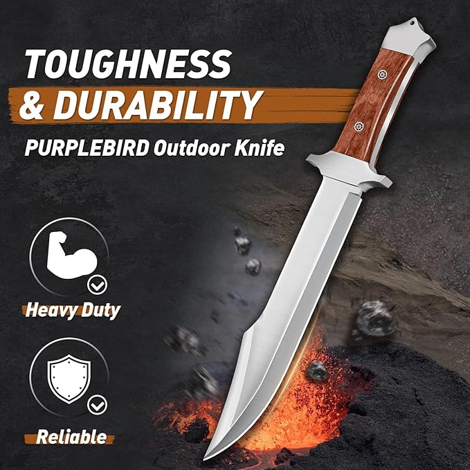 PURPLEBIRD 10 Fixed Blade Hunting Knife for Men Full Tang Bowie Knife with Sheath Heavy Duty Machete Knifes Stainless High Carbon Steel Survival Knives for Camping Bushcraft Gifts for Men