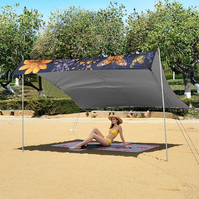 Autumn Flowers Rose Daffodil Butterflies Bees Royal Blue Beach Canopy UPF50+ Waterproof Large Sun Shelter with Sandbags Sand Shovel Poles for Family Trips Picnics &amp Camping