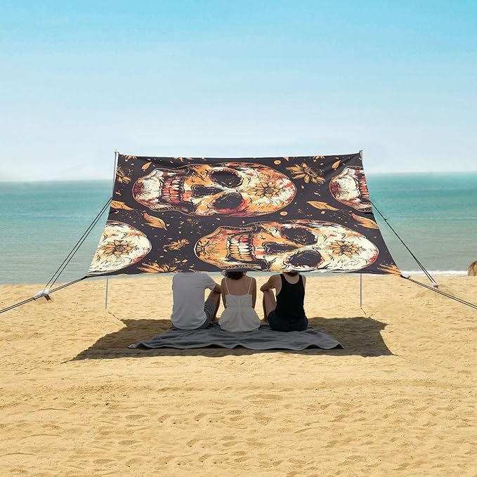 ALAZA Mexican Skulls Beach Tent Sun Shelter UPF50+ Protection Beach Shade Canopy w/ 4 Sandbags for Outdoor Camping Fishing Backyard Fun Picnic 10x9 ft