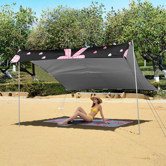 ALAZA Pink Bow Heart Pattern Beach Tent Sun Shelter Portable Canopy Sunshade for Outdoor Camping Picnics Backyard Fun 10x9 ft