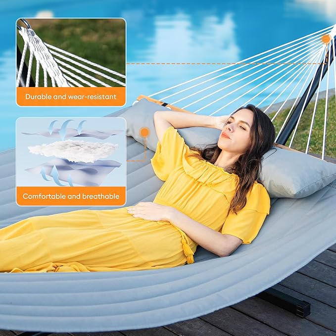 Everyfun Double Hammock with Spreader Bar &amp Pillow Portable 500lbs Capacity for Outdoor Camping Patio Backyard RelaxationGray