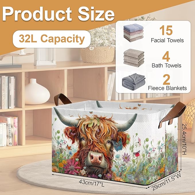 Flower Highland Cow Storage Bins with Handles Collapsible Storage for Clothes Gift Basket Blankets &amp Closet Organization