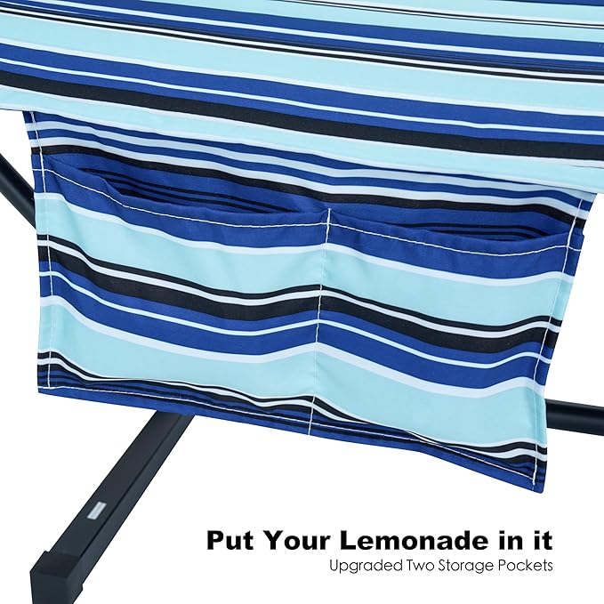 GAFETE 2 Person Hammock with Stand for Outside Heavy Duty Steel Stand Double 55inch Hammocks Large Removable Pillow Storage Bags Max 475 lbs Capacity (Pacific Stripe Blue)