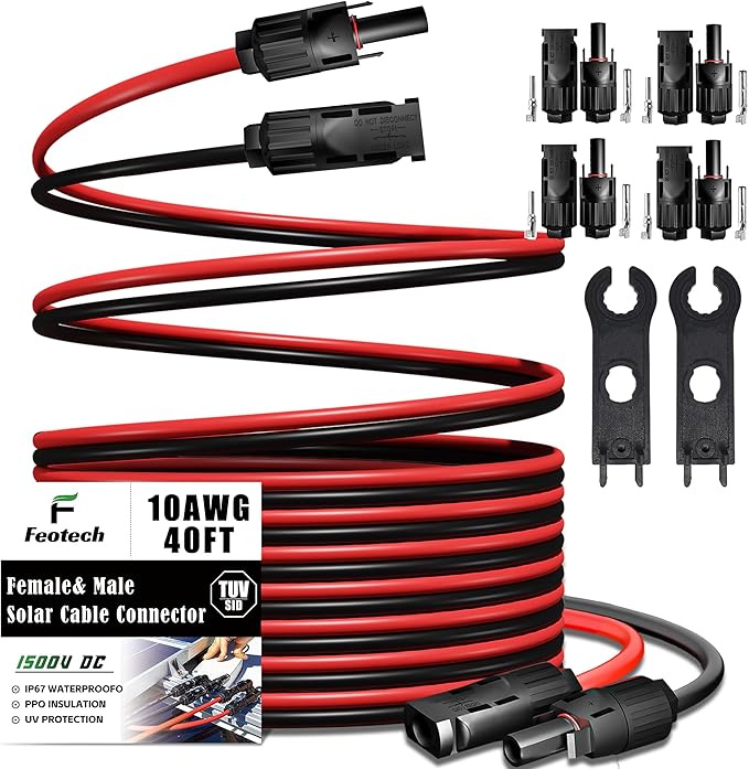 Twin Wire 40FT Solar Extension Cable - 10AWG (6mm²) Solar Panel Connector with IP67-Male/Female Solar connectors for Outdoor Automotive RV Boat Marine Solar Panel- Black &amp Red