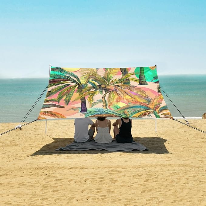 xigua Palm Tree Beach Tent Sun Shelter with Carrying Bag - Silver Coated Oxford Fabric Beach Canopy for Beach Camping Fishing - Includes Windproof Ropes Sandbags &amp Stakes
