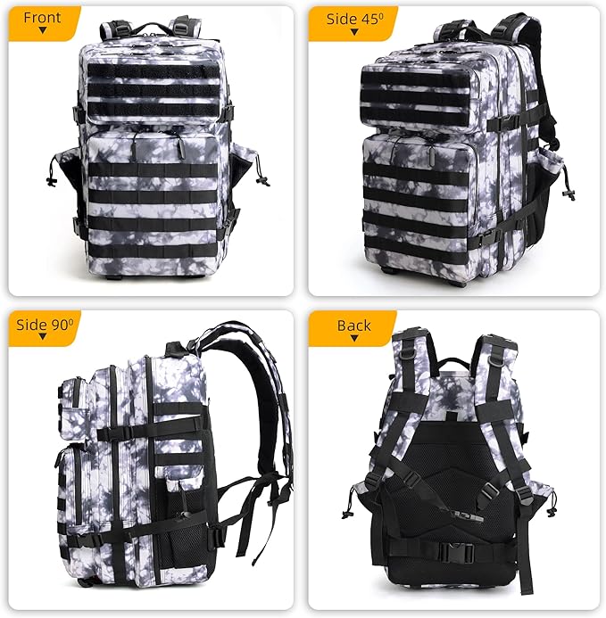 LUPU TACTICAL 45L Backpack for Men and Women 3 Days Assault Pack Outdoor Travel Hiking Camping Rucksack with Molle Webbing (Black and White)