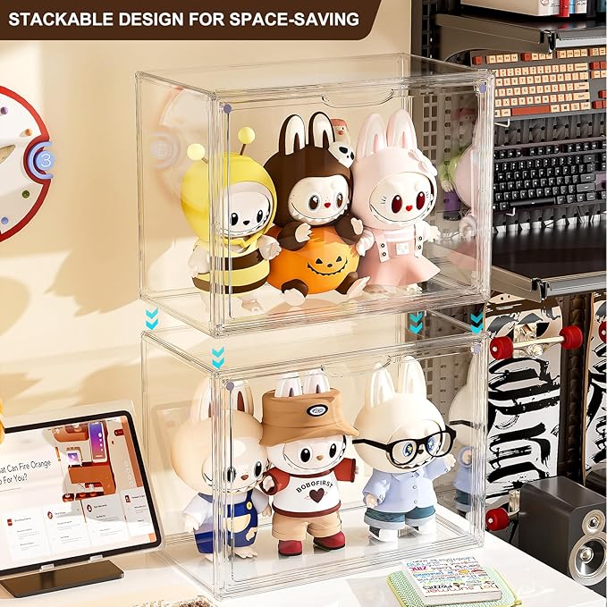 Acrylic Clear Display Case Stackable Plastic Storage Bins with Shelf Figure Figurine Hobby Display Case with Magnetic Lid Large Acrylic Display Box for Collectibles Figures 2 Pack