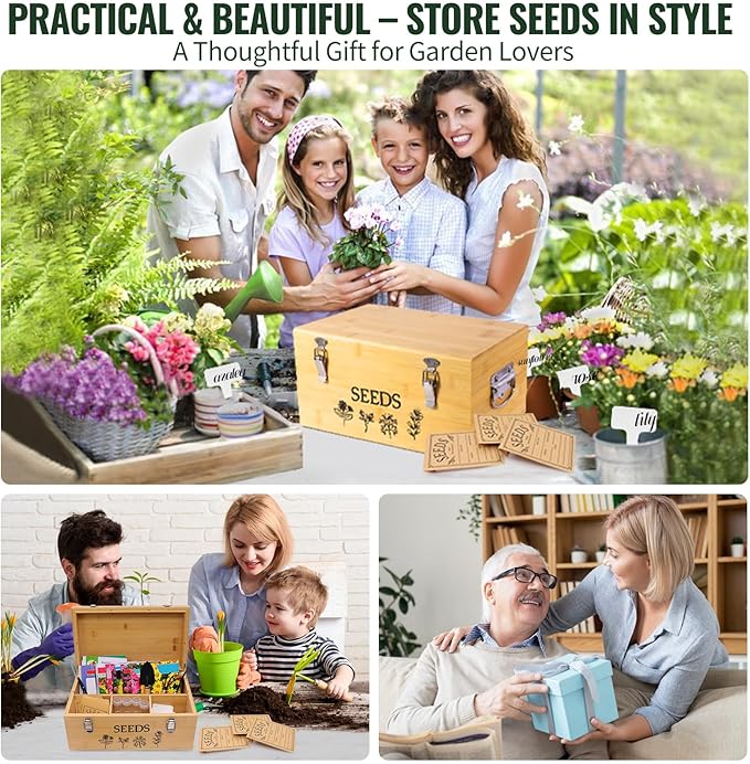 Large Bamboo Wood Seed Storage Organizer Box with LidDouble-Layer Seal Design Seed Saving Box with 304 Stainless Steel Safety LockHandlesExtra Seed Envelopes and Labels (Wood)