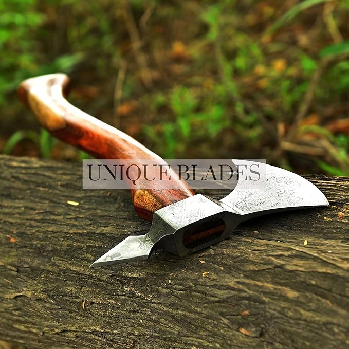 Viking Battle Axe Camping Axe 18-IN Wood Handle Damascus Steel Dual Sided Leather Sheath