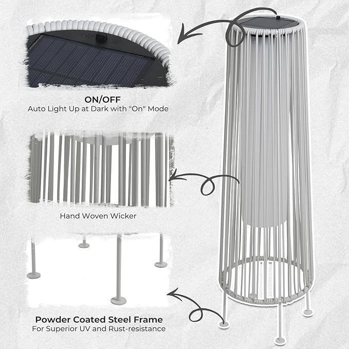 Grand patio Outdoor Floor Solar Light 2-Pack Wicker Solar Patio Lamp Waterproof Outside Deck Lamp for Porch Yard Garden Lawn Decorations - White Gordes 2 PCS