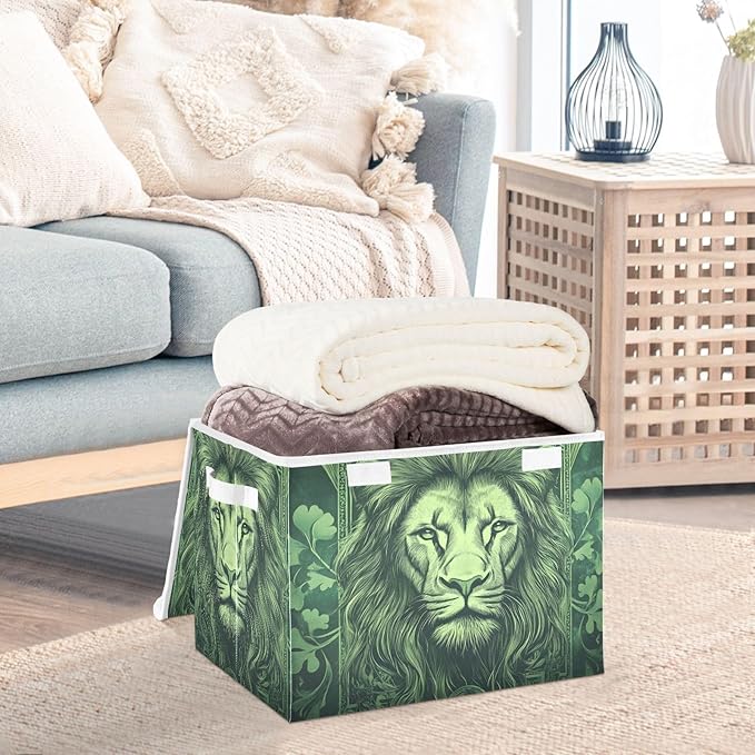 Storage Cube with Lid Green Leaves Lion Print 16.5×12.6×11.8 IN Collapsible Large Capacity Foldable Storage Basket Bin Organizer