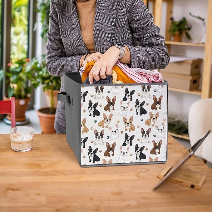 Collapsible Cube Storage Organizer with Handles Cute French Bulldog Foldable Fabric Bin for Shelves Perfect for Closet Bathroom Kids' Room &amp Nursery