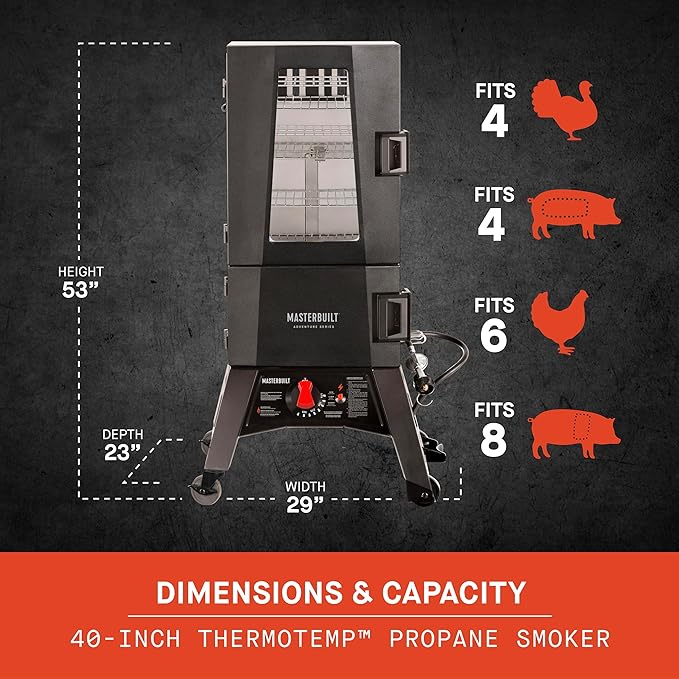Masterbuilt® 40-inch ThermoTemp Propane Gas Vertical BBQ Smoker with Analog Temperature Control and 960 Cooking Square Inches in Black Model MB20051316