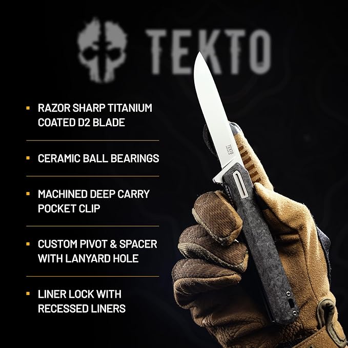 TEKTO F2 Bravo Folding Knife Pocket - D2 Steel Blade Ceramic Ball Bearings - EDC - Snap Swift Flip - Camping Backpacking - 2.4oz (68g) Forged Carbon Handle Silver Titanium Accents