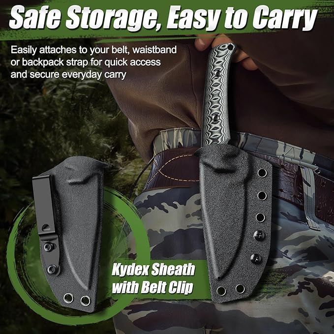 Purple Dragon Fixed Blade Knife - Full Tang Hunting Knife Forged from a Single Piece of D2 Steel - Camping Knives with G10 Handle and Kydex Sheath - Outdoor Gift for Men - Gray